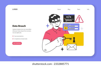 Data breach or leak web banner or landing page. Confidential information database breakout. Cybersecurity threat. Hacker got access to a database. Flat vector illustration