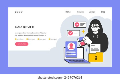 Data breach or leak web banner or landing page. Confidential information database breakout. Cybersecurity threat. Hacker got access to a database. Flat vector illustration