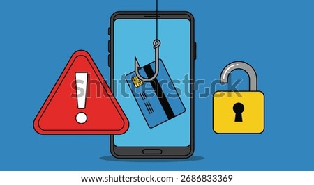 Data breach risk on smartphones. Exclamation warning and unlocked padlock show vulnerable devices. Flat vector cybersecurity concept.