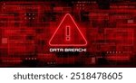 Data breach screen, malware cyber attack alert, internet ransomware. Vector hacked system danger sign features exclamation mark inside a triangle, surrounded by red binary code and data patterns