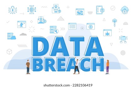 data breach technology concept with big words and people surrounded by related icon with blue color style