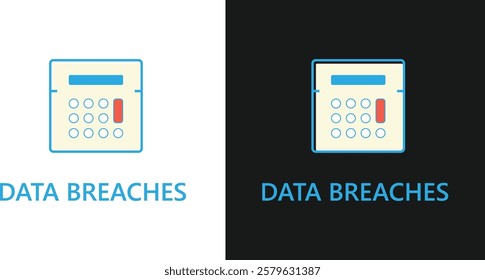 Data Breaches flat icon with keypad and alert symbol in light and dark mode variations. Flat vector illustration for cybersecurity design