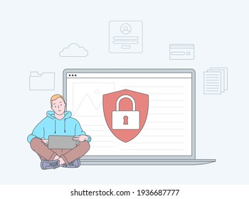 Data breaches, data leakage prevention concept. Personal digital security. Defence, protection from hackers, scammers. Flat vector illustration