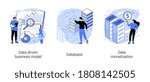 Data business strategy abstract concept vector illustration set. Data driven business model, database, data monetization, decision making, information storage, analysis service abstract metaphor.