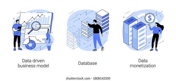 Data business strategy abstract concept vector illustration set. Data driven business model, database, data monetization, decision making, information storage, analysis service abstract metaphor.