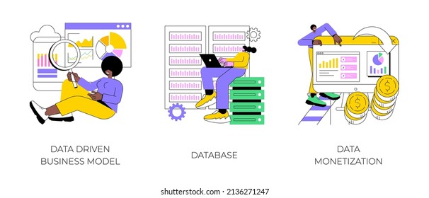 Data Business Strategy Abstract Concept Vector Illustration Set. Data Driven Business Model, Database, Data Monetization, Decision Making, Information Storage, Analysis Service Abstract Metaphor.