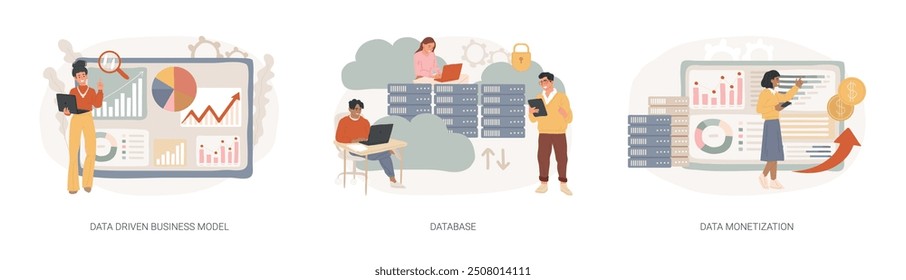 Conjunto de Ilustración vectorial de concepto aislado de estrategia de negocio de datos. Modelo de negocio impulsado por datos, base de datos, monetización de datos, toma de decisiones, almacenamiento de información, concepto de Vector de servicios de análisis.