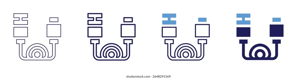 Ícone do cabo de dados em 4 estilos diferentes. Linha Fina, Linha, Linha Negrito, Duotônico. Estilo duotônico. Traçado editável.