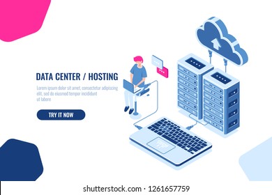 Data calculation and auditing isometric, engineer working with cloud storage, server room, datacenter and database icon. Flat color vector illustration