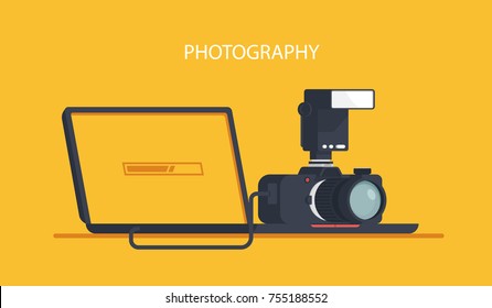 Data from the camera are downloaded to the laptop, photo processing vector concept, horizontal banner, 3d flat vector illustration