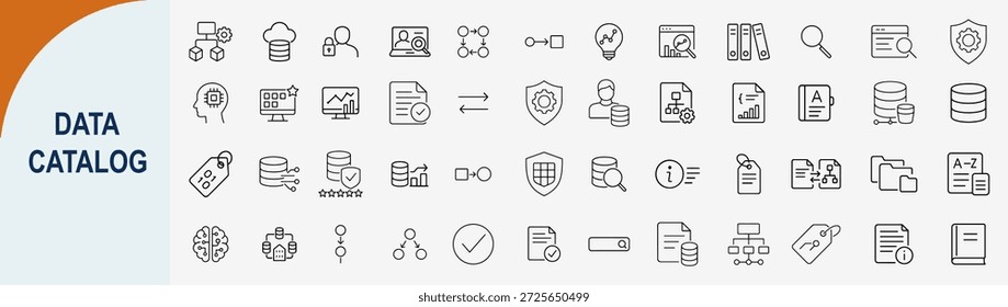 data catalog management and digital information architecture thin line icons set