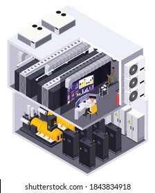 Data center 2 story facility isometric cutaway view with computer equipment servers routers operator desk vector illustration   