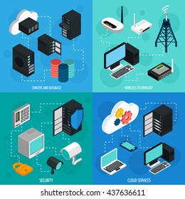 Data Center 2x2 Isometric Icons Set With Database Cloud Services Security And Wireless Technology Isolated Isometric Vector Illustration