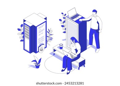 Data center 3d isometric concept in isometry graphic design for web. People scene with engineers work at server tech support, maintain infrastructure, monitoring security system. Vector illustration.