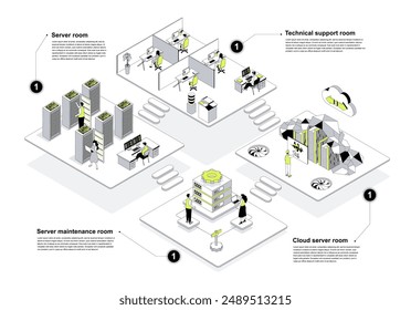 Data center 3d isometric concept in outline design for web. People working in isometry rooms in technical support rooms, server maintenance and cloud processing departments. Vector illustration.