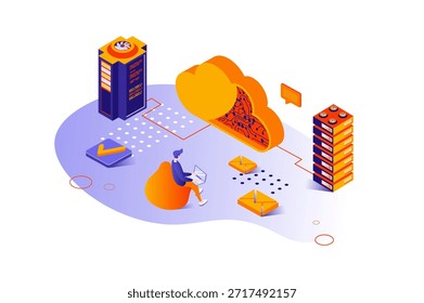 Concepto isométrico 3d del centro de datos con diseño de personas de isometría para el Web. Hombre que utiliza la base de datos y el almacenamiento en la nube, procesando datos y haciendo copias de seguridad. Servidor de mantenimiento técnico. Ilustración vectorial.