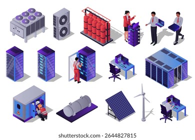 Conjunto isométrico 3d do data center. Coleção de elementos simples isolados de hardware, racks de servidor, técnicos, processo de administração, tecnologia de computador, rede, banco de dados, etc. Ilustração vetorial.