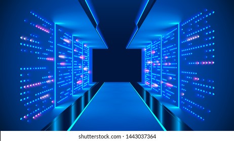 Data center abstract background. Interior of server room. Digital information warehouse. Web hosting technology. Computer racks in database communication system. Cluster optical fiber networking.