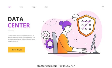 Data center abstract concept with a young woman working on computer. Flat cartoon vector illustration. Website, web page, landing page template or layout. Abstract metaphor