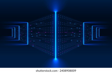 Centro de datos. almacén digital abstracto. Sala de servidores de la tecnología informática de nubes. Comunicación de la granja de servidores con Internet. Las luces de conexión a la red y de intercambio de información brillan en la oscuridad.