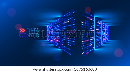 Data center. abstract digital warehouse. Server room of clouds computing technology. Server farm communication with internet. Network connection and information exchange lights glow in the dark.