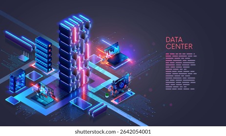 A data center with AI servers. Users computers are connected via the Internet to a data center with Artificial Intelligence servers and cloud data storage. Computer network and AI technology concept.