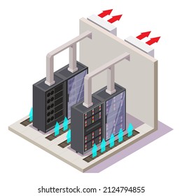 Data center air conditioning equipment, flat vector isometric illustration. Cooling system for controlling ventilation and temperature in server room.