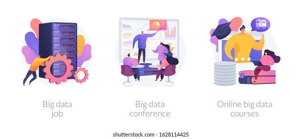 Data center, backup server technician. Information management experts meeting. Big data job, big data conference, online big data courses metaphors. Vector isolated concept metaphor illustrations