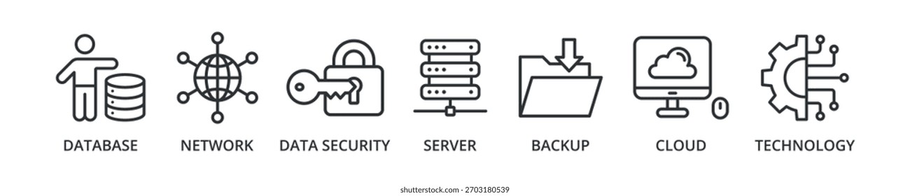 Icono del Anuncio del centro de datos con base de datos, red, seguridad de datos, servidor, copia de seguridad, nube, tecnología