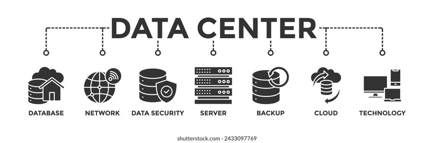 Data Center Banner Web-Symbol Vektor Illustration Konzept mit Symbol der Datenbank, Netzwerk, Datensicherheit, Server, Backup, Cloud und Technologie