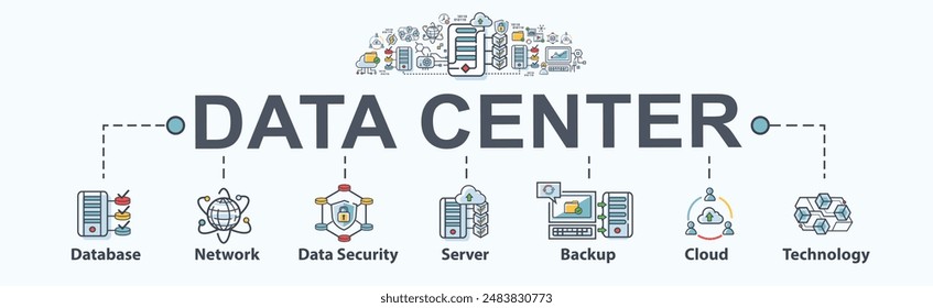 Data center banner web icon vector concept with icon of database, Large Language Model, network, data security, power Infrastructure, server, backup, cloud and technology. Minimal infographic.