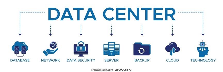 Concepto de Ilustración vectorial de icono de Web de Anuncio de centro de datos con icono y símbolo de seguridad de red de base de datos servidor de copia de seguridad de datos y tecnología.