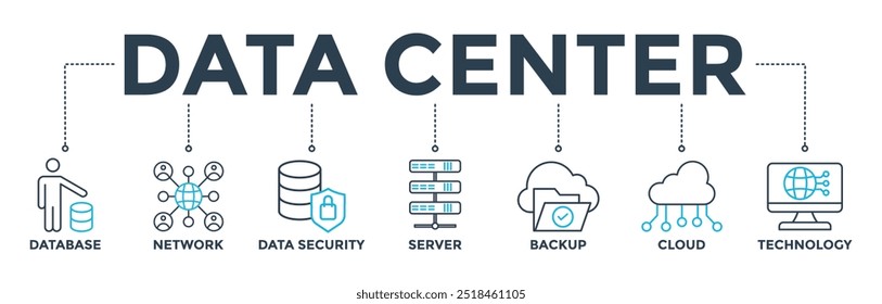 Data center banner web icon vector illustration concept with icon of database, network, data security, server, backup, cloud and technology
