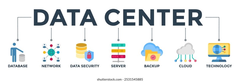 Banner do data center ícone da Web vetor ilustração conceito com ícone de banco de dados, rede, segurança de dados, servidor, backup, nuvem e tecnologia
