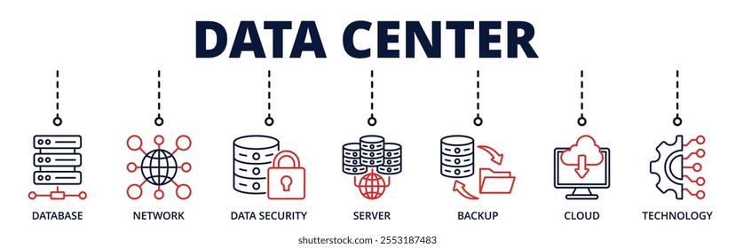 Ícone da Web de banner do data center para negócios com banco de dados, rede, segurança de dados, servidor, backup, nuvem, tecnologia
