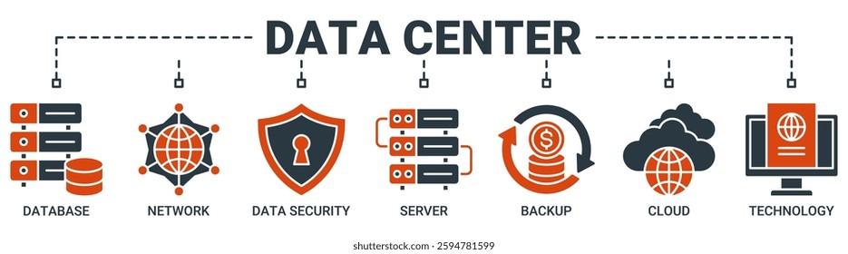 Data center banner web icon vector illustration concept with icon of database, network, data security, server, backup, cloud and technology icons. Solid color vector symbol background.