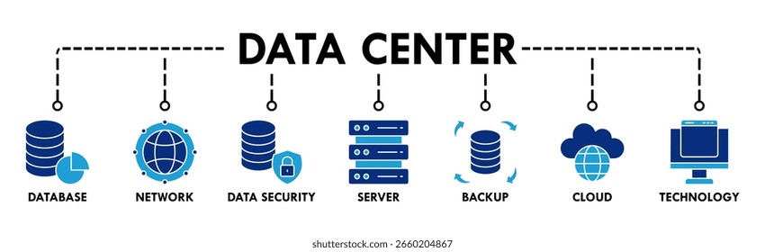Banner do data center ícone da Web vetor ilustração conceito com ícone de banco de dados, rede, segurança de dados, servidor, backup, nuvem e tecnologia
