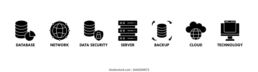 Concepto de Ilustración vectorial de ícono de Web de Anuncio de centro de datos con ícono de base de datos, red, seguridad de datos, servidor, respaldo, nube y tecnología
