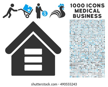 Data Center Building icon with 1000 medical commercial gray and blue vector design elements. Collection style is flat bicolor symbols, white background.