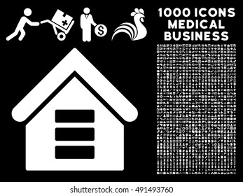Data Center Building icon with 1000 medical business white vector design elements. Collection style is flat symbols, black background.