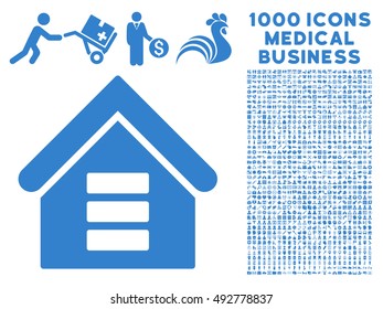 Data Center Building icon with 1000 medical business cobalt vector pictographs. Set style is flat symbols, white background.