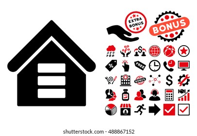 Data Center Building Icon With Bonus Symbols. Vector Illustration Style Is Flat Iconic Bicolor Symbols, Intensive Red And Black Colors, White Background.