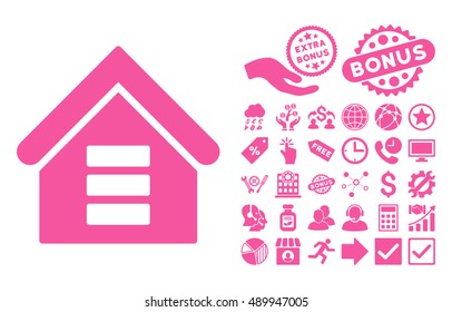 Data Center Building icon with bonus images. Vector illustration style is flat iconic symbols, pink color, white background.