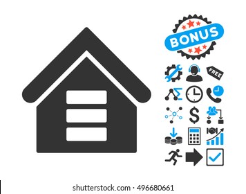 Data Center Building Icon With Bonus Pictures. Vector Illustration Style Is Flat Iconic Bicolor Symbols, Blue And Gray Colors, White Background.