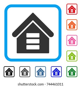Data Center Building icon. Flat gray iconic symbol inside a blue rounded rectangle. Black, gray, green, blue, red, orange color additional versions of Data Center Building vector.
