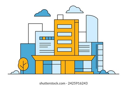 Data center building. Line vector minimalistic illustration in yellow and blue colors on a white background