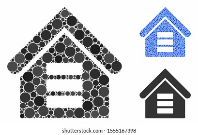 Data Center Building Mosaic Of Filled Circles In Different Sizes And Shades, Based On Data Center Building Icon. Vector Filled Circles Are United Into Blue Mosaic.