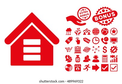 Data Center Building pictograph with bonus clip art. Vector illustration style is flat iconic symbols, red color, white background.
