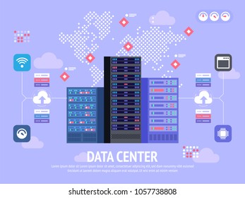 Data Center Cloud Computer Connection Hosting Server Database Synchronize Technology Vector Illustration 