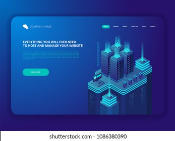 Data Center Cloud Computer Connection Hosting Server Database Synchronize Technology Vector isometric Illustration